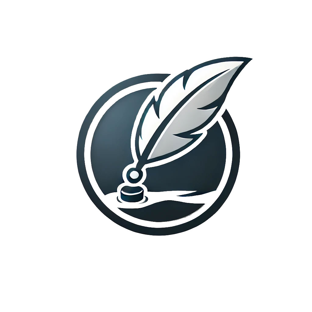 sleek logo featuring a feather quill dipping into an inkwell, encircled by a modern, minimalist ring. The design conveys professionalism and is likely associated with notary services or writing-related branding.