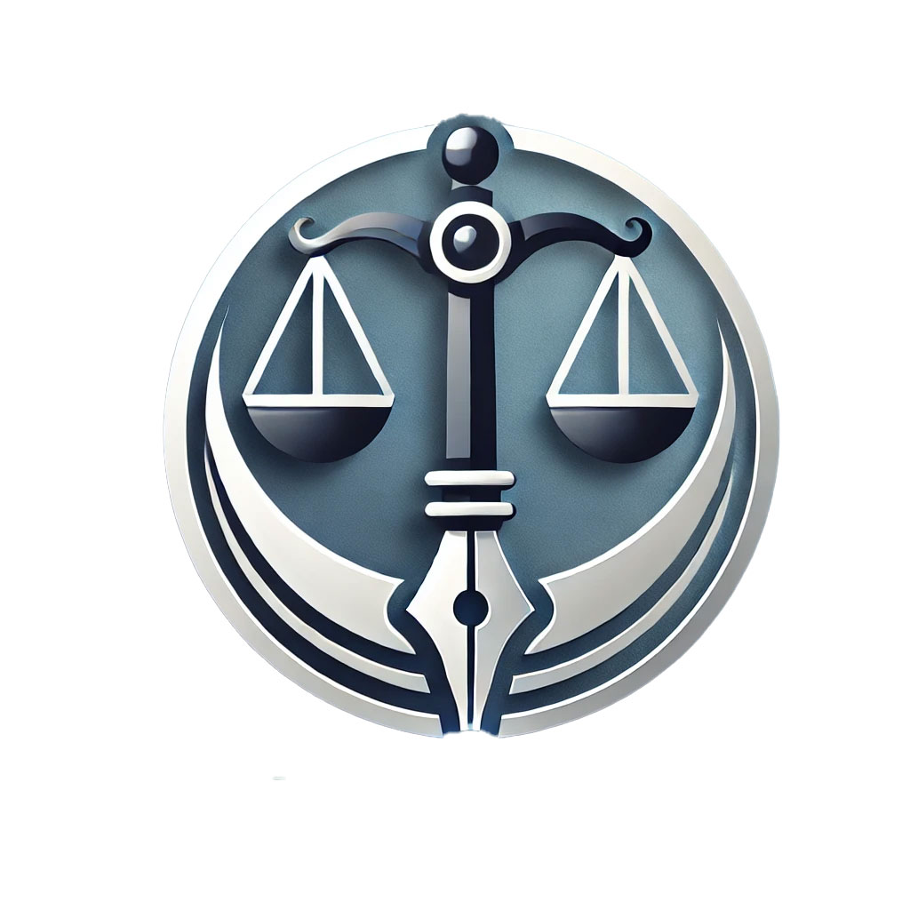 logo with a balanced scale integrated into the design of a fountain pen nib, all enclosed within a circular frame. The logo symbolizes justice, professionalism, and precision, making it well-suited for notary or legal services branding.