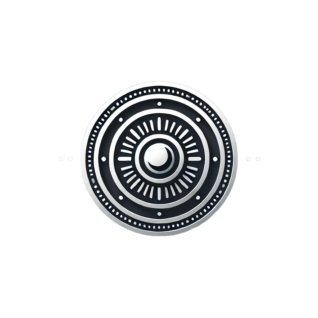 circular seal-like logo with concentric rings, intricate patterns, and a central crescent moon design. Its symmetrical and detailed style conveys professionalism and authority, ideal for a notary or official services brand.