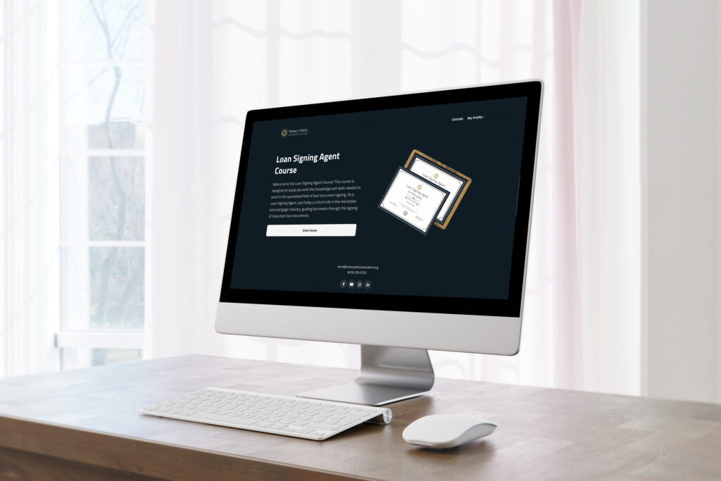 Loan Signing Agent Course displayed on an iMac desktop in a modern workspace.