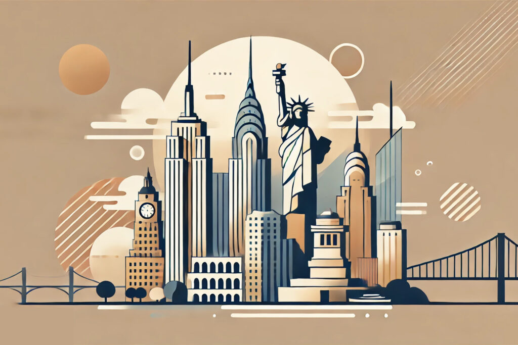Stylized landscape course cover design featuring the New York City skyline, including the Statue of Liberty, Empire State Building, and other iconic skyscrapers. The design incorporates notary-themed elements such as a seal, fountain pen, and a document scroll, all presented in a warm, neutral color palette with clean, geometric lines.