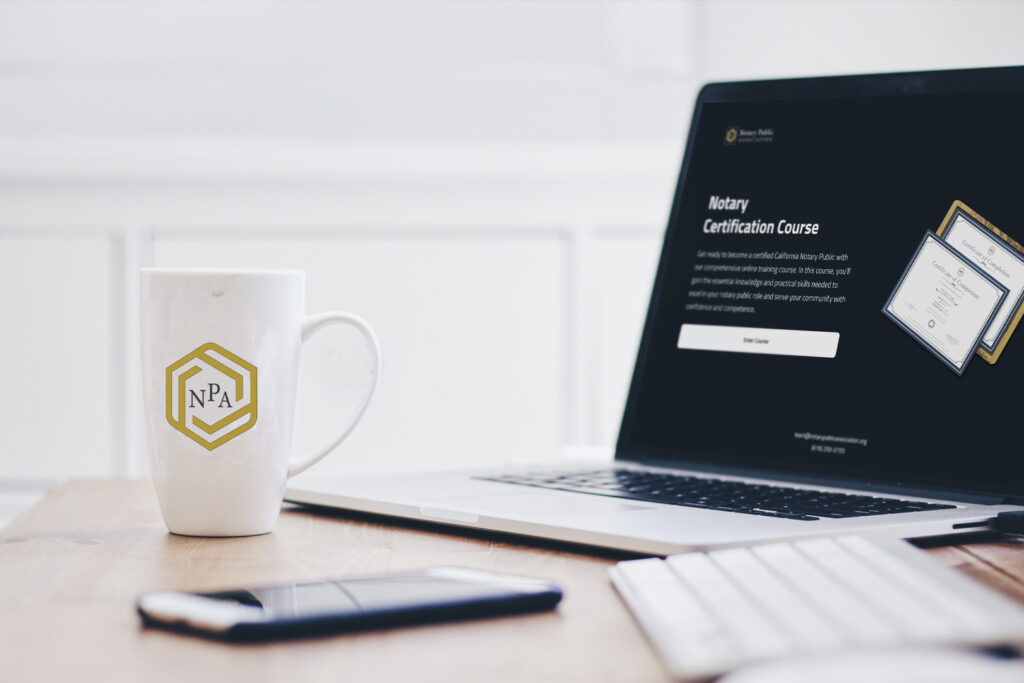 A clean and professional workspace featuring a white coffee mug with the "NPA" logo in gold, placed on a wooden desk alongside a smartphone. In the background, a laptop screen displays a "Notary Certification Course" webpage with a sleek black design, showcasing certification images and a call-to-action button. The scene emphasizes professionalism and education in a minimalist style.