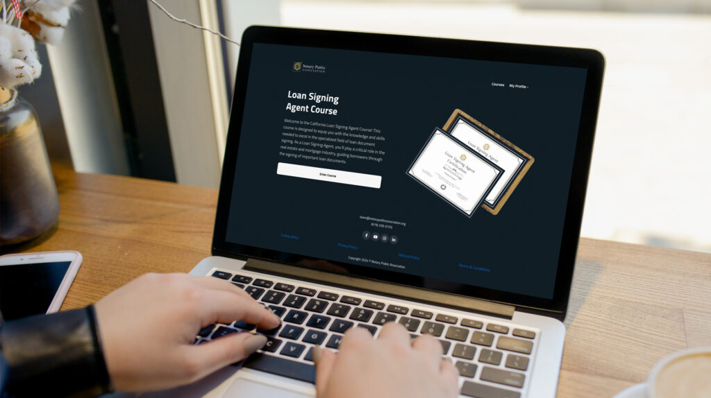 Individual working on a laptop, exploring the Loan Signing Agent Course page, featuring a certificate of completion and a modern, professional design.