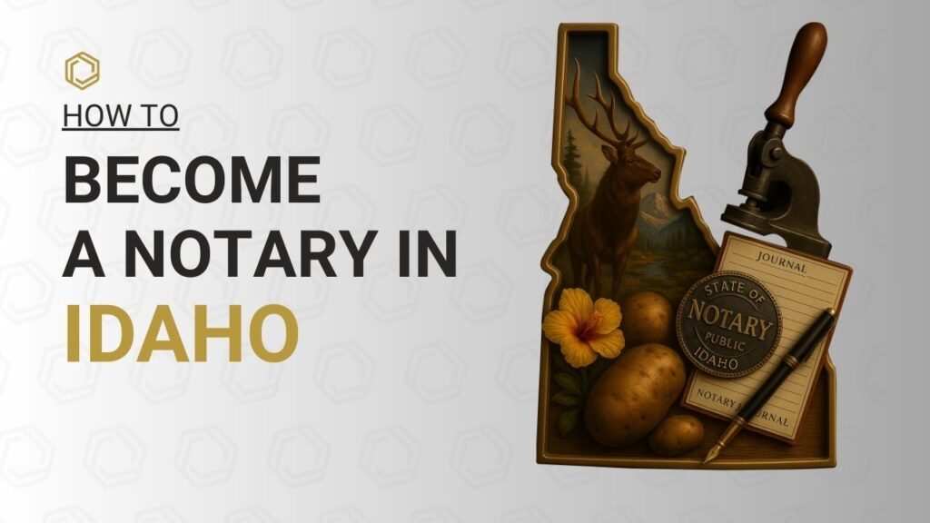 Step-by-step guide on how to become a Notary Public in Idaho featuring the Idaho state outline, official notary seal, notary journal, pen, and Idaho-themed imagery including mountains, elk, potatoes, wildflowers, and a notary embosser for the Notary Public Association.