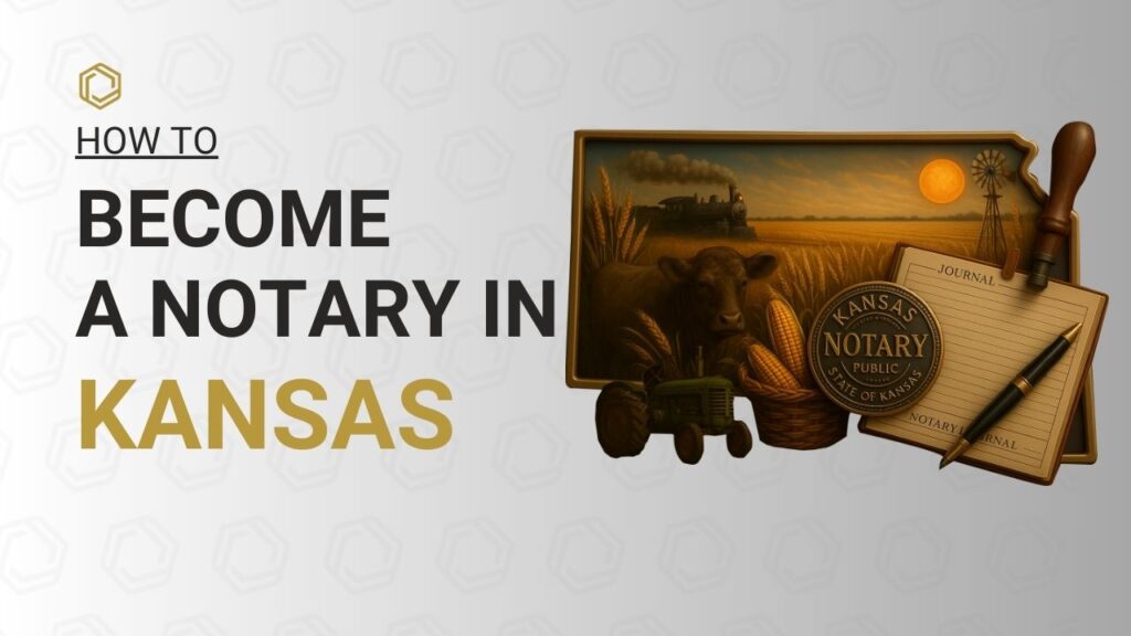 Step-by-step guide on how to become a Notary Public in Kansas featuring the Kansas state outline, official notary seal, notary journal, pen, and Kansas-themed imagery including cornfields, cattle, tractor, windmill, train, and prairie sunset for the Notary Public Association.