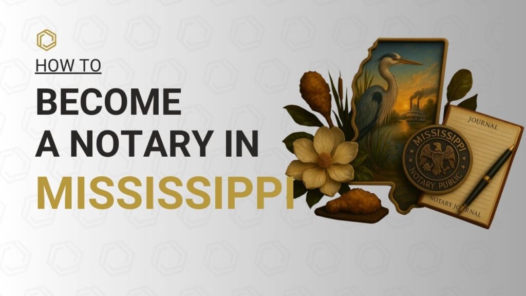 Step-by-step guide on how to become a Notary Public in Mississippi featuring the Mississippi state outline, official notary seal, notary journal, pen, and Mississippi-themed imagery including a heron, river steamboat, magnolia flowers, catfish, and wetland scenery for the Notary Public Association.