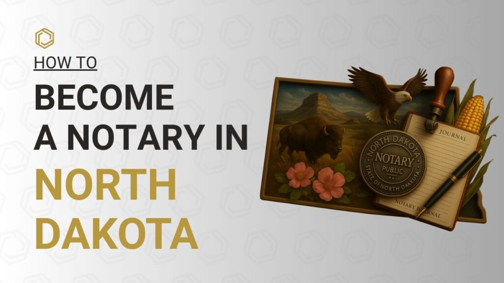 How to become a Notary in North Dakota – North Dakota Notary Public Association guide featuring state bison, prairie landscape, bald eagle, wild prairie rose, corn, notary seal, journal, pen, and stamp.