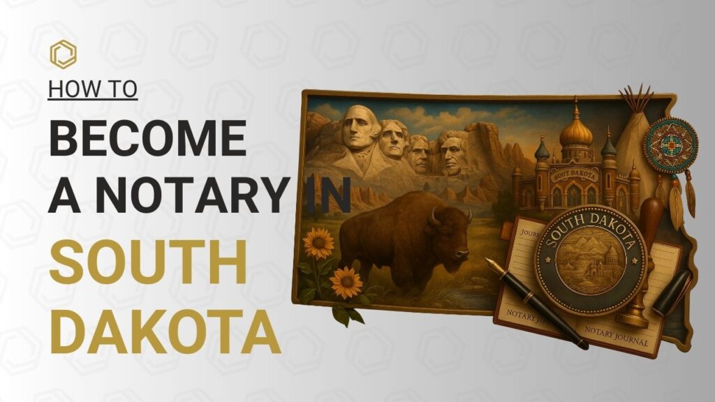 How to become a Notary in South Dakota – South Dakota Notary Public Association guide featuring Mount Rushmore, American bison, prairie sunflowers, Native American dreamcatcher, notary seal, journal, pen, and stamp.