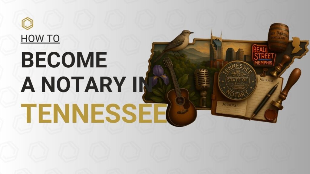 How to become a Notary in Tennessee – Tennessee Notary Public guide featuring Nashville skyline, Beale Street Memphis neon sign, Jack Daniel’s whiskey barrel, guitar, microphone, iris flower, mockingbird, notary seal, journal, pen, and stamp.