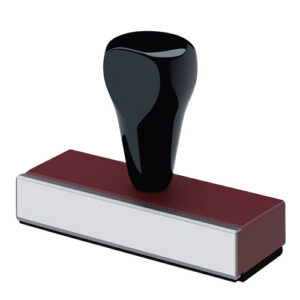 Traditional notary hand stamp with a black handle, wooden body, and rectangular stamping surface, designed for use with a separate ink pad.