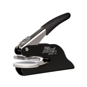 Handheld notary public embosser with black body, chrome lever, and rubber grip, designed for sharp, professional seal impressions.
