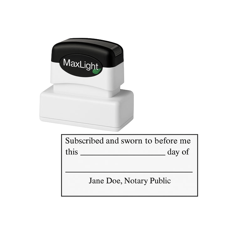 Pre-inked MaxLight Jurat notary stamp with compact black and white casing, displayed alongside a sample jurat stamp impression.