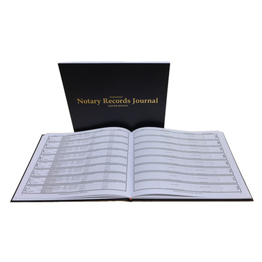 Professional notary recordkeeping journal in softcover design, includes terms, definitions, and California-favored detailed entry format.