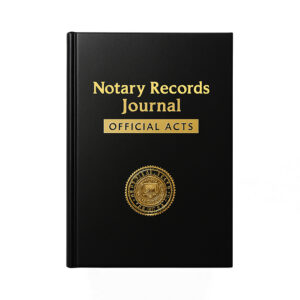 Hardcover notary journal with 128 pages and 488 entries, featuring ID checkboxes and thumbprint space.