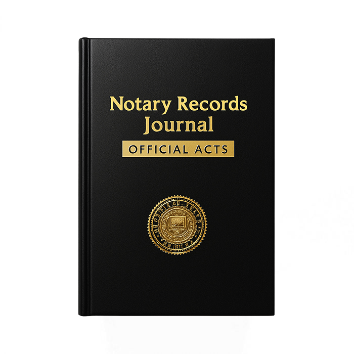 Hardcover notary journal with 128 pages and 488 entries, featuring ID checkboxes and thumbprint space.