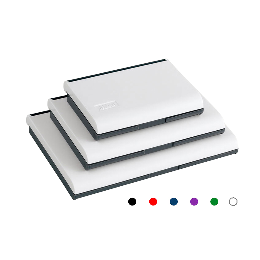 Shiny Size 00 S-1F felt stamp pad, measuring 1.75" x 2.5", housed in a durable hinged plastic case. Delivers bold, consistent impressions with re-inkable, non-toxic ink.