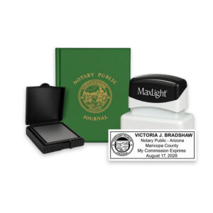 Pre-inked notary stamp kit with notary public journal, MaxLight pre-inked stamp, fingerprint pad, and sample notary seal impression.