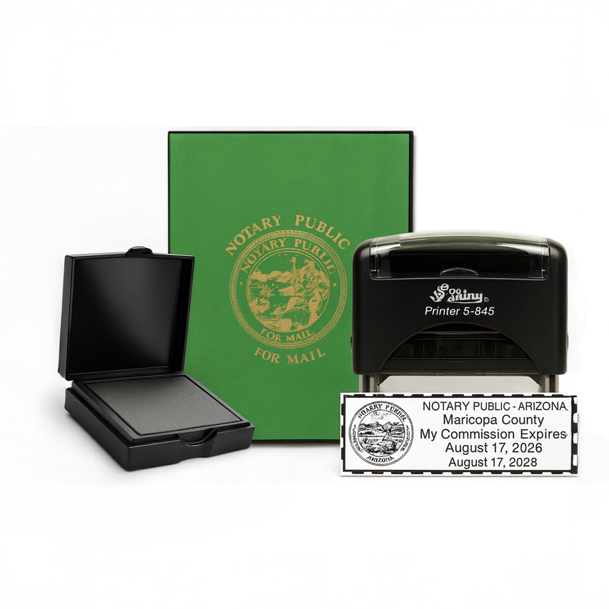Pre-inked notary stamp kit with notary public journal, MaxLight pre-inked stamp, fingerprint pad, and sample notary seal impression.