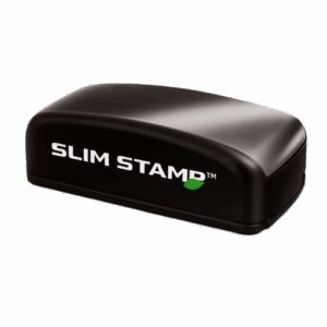 Slim pre-inked Jurat notary stamp with compact black casing, customized to state-specific requirements and your name if applicable.