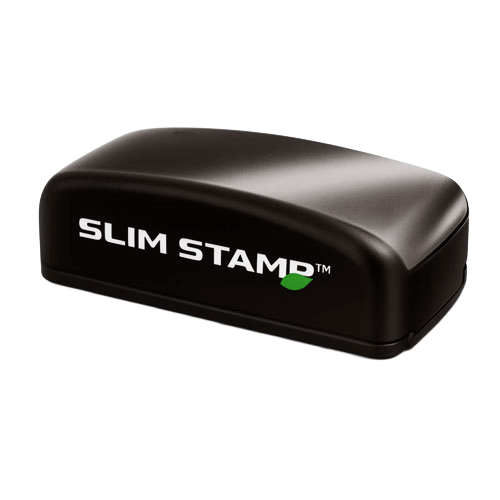 Slim pre-inked Jurat notary stamp with compact black casing, customized to state-specific requirements and your name if applicable.