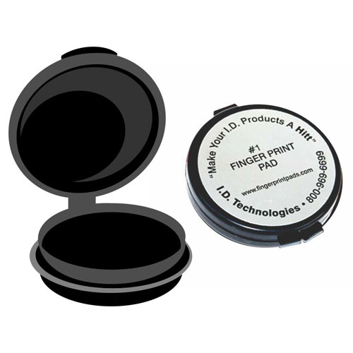 Nontoxic fingerprint pad with instant-dry black ink, leaves no residue on fingers, available with or without adhesive base.