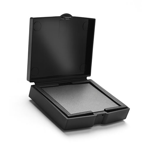 Open black fingerprint pad case with a gray semi-inkless surface, designed for producing clear, residue-free fingerprint imprints.