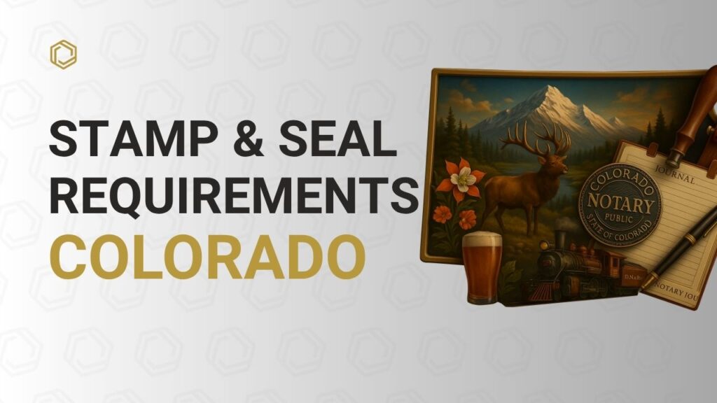 Cover image for the Colorado Notary Stamp & Seal Requirements article, showing a notary stamp, embossed seal, and official documents.