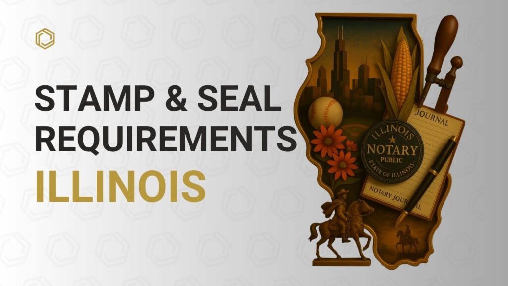 Cover image showing a notary public stamping legal documents, representing Illinois notary stamp and seal requirements and compliance.