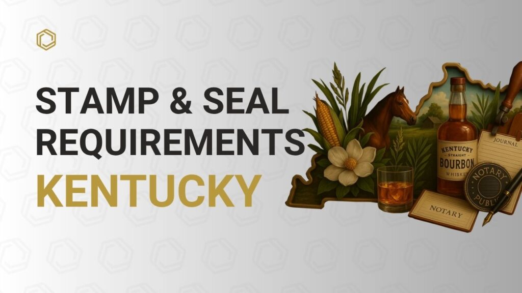 Cover image showing a notary public stamping legal papers, symbolizing Kentucky notary stamp and seal requirements and state compliance.