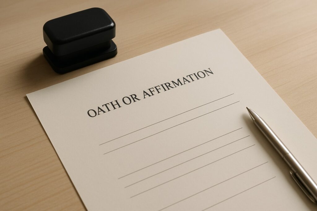 Minimal, realistic photo of an oath or affirmation document with a black notary stamp and silver pen on a light wooden desk.