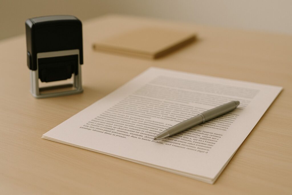 Realistic, minimal office-style photo showing neutral-toned documents on a clean desk with soft lighting, no people or text.
