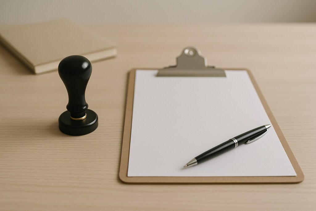 Notary stamp beside a blank clipboard and black pen on a light wood desk under soft neutral office lighting.