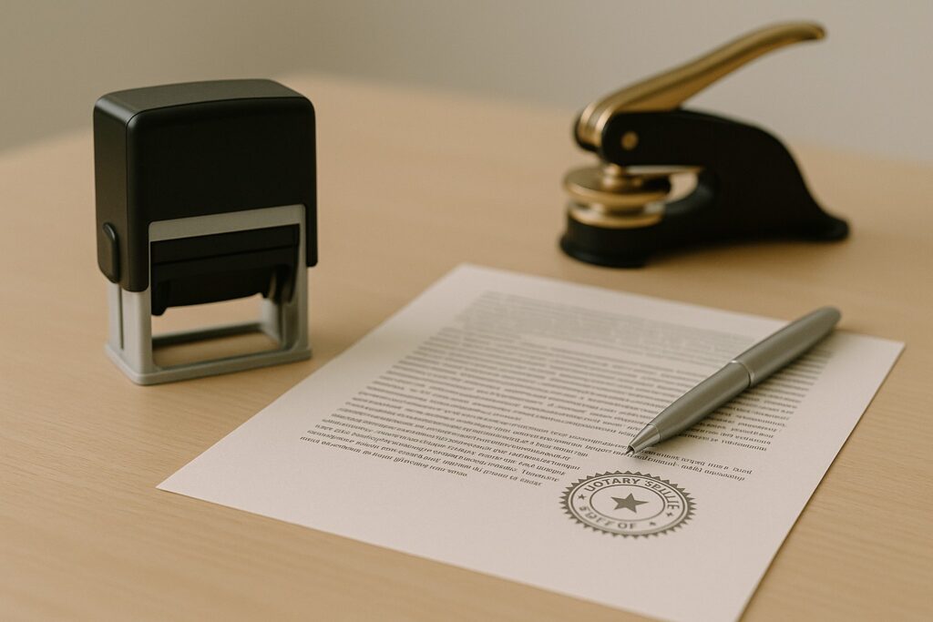 Realistic, minimal photo of a notary desk with a stamp, documents, and soft neutral lighting, showing a clean professional workspace with no people.