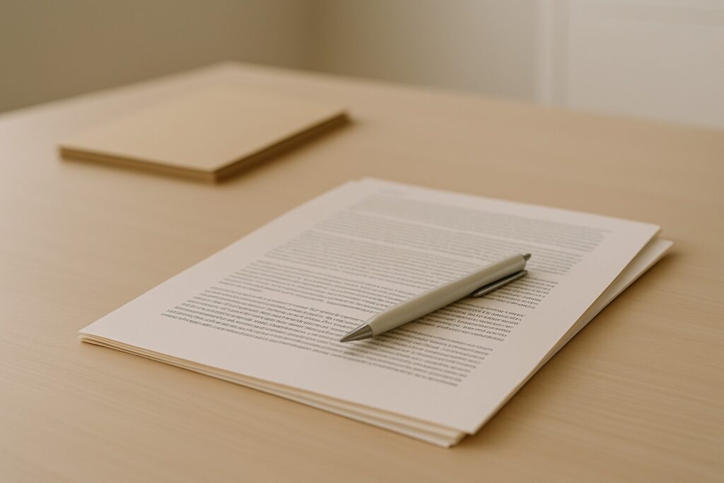 Minimal, realistic photo of neatly stacked legal documents on a light wooden desk with a neutral pen and soft natural lighting.