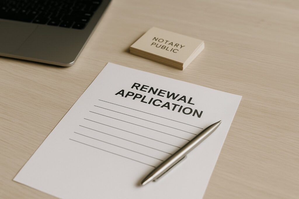 Minimal, realistic desk setup with a renewal application form, silver pen, laptop edge, and soft neutral lighting, no people visible.