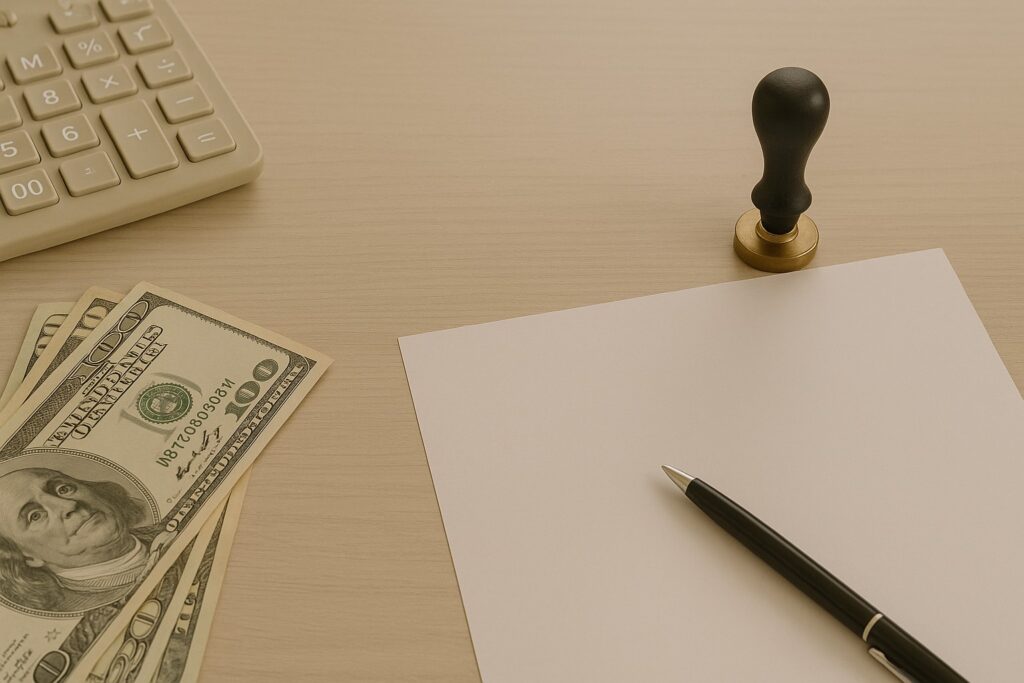 Neutral-toned desk scene with a calculator, U.S. currency, notary fee sheet, pen, and notary stamp arranged neatly.