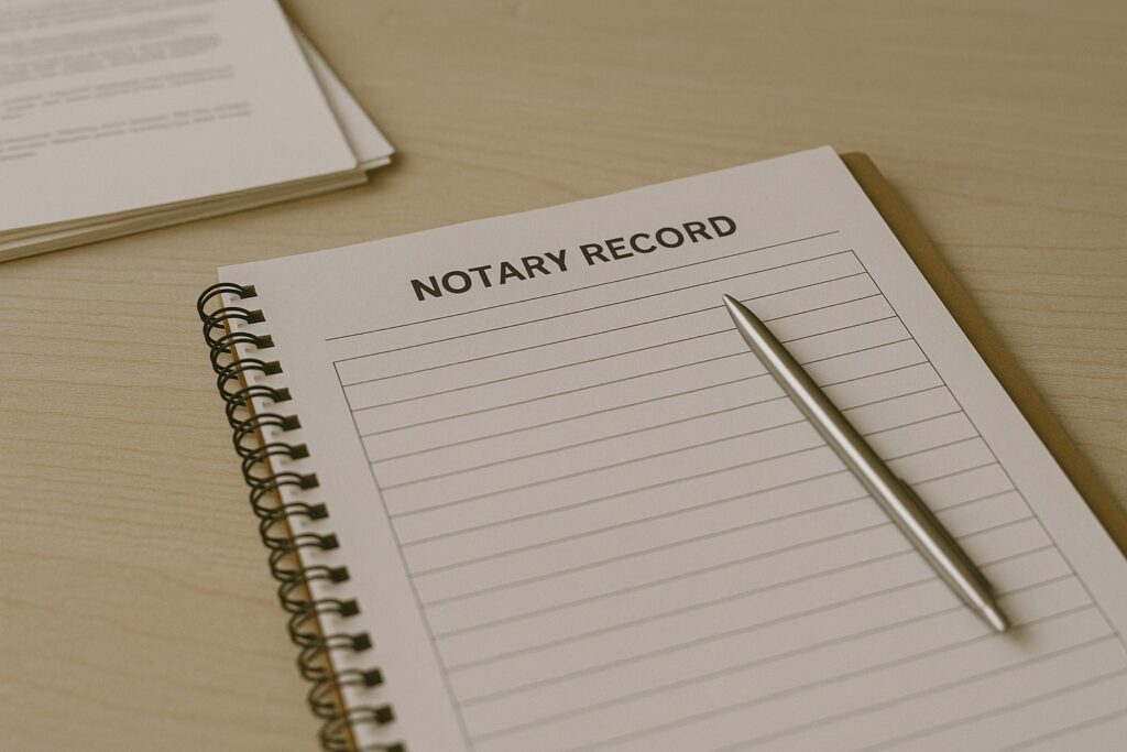 Minimal, realistic photo of an open notary journal with lined pages and a silver pen on a light wooden desk with soft lighting.