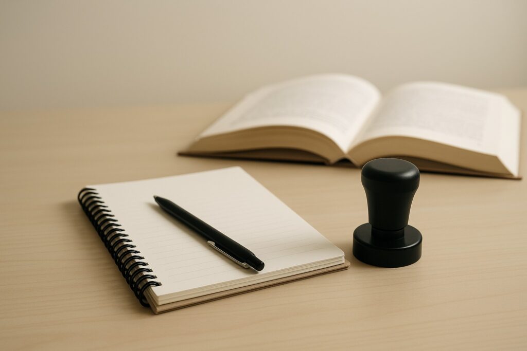 Open book, spiral notebook, pen, and notary stamp arranged on a light wood desk in soft neutral lighting.