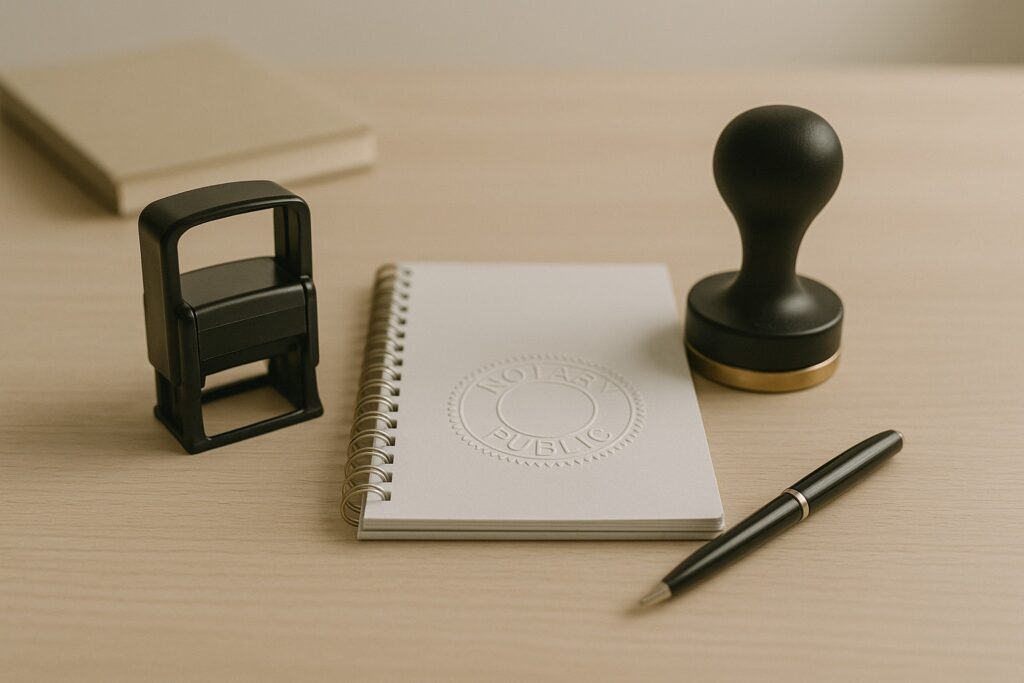 Notary stamp beside a blank clipboard and black pen on a light wood desk under soft neutral office lighting.