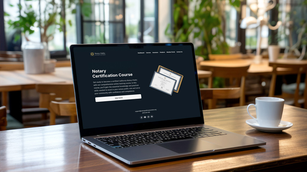 Online notary certification course on a laptop in a coffee shop.