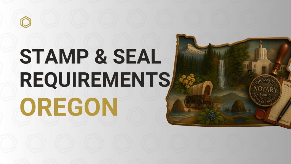 Illustrated Oregon-themed notary cover image featuring a state-shaped artwork with mountains, forests, a waterfall, a covered wagon, the Oregon Capitol, a notary seal, journal, and pen. Bold text reads “Stamp & Seal Requirements – Oregon” on a light patterned background.