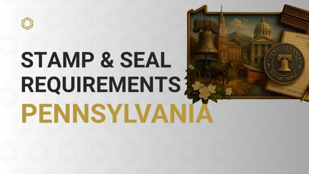 Illustrated Pennsylvania-themed notary cover image featuring the Liberty Bell, historic buildings, a horse-drawn carriage, a covered bridge, flowers, and a notary seal beside a journal. Bold text reads “Stamp & Seal Requirements – Pennsylvania” on a light patterned background.