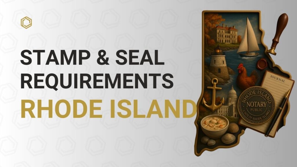 Illustrated Rhode Island-themed notary cover image featuring a lighthouse, historic shoreline buildings, a sailboat, an anchor, a rooster, clams, chowder, and a Rhode Island notary seal beside a journal and pen. Bold text reads “Stamp & Seal Requirements – Rhode Island” on a light patterned background.