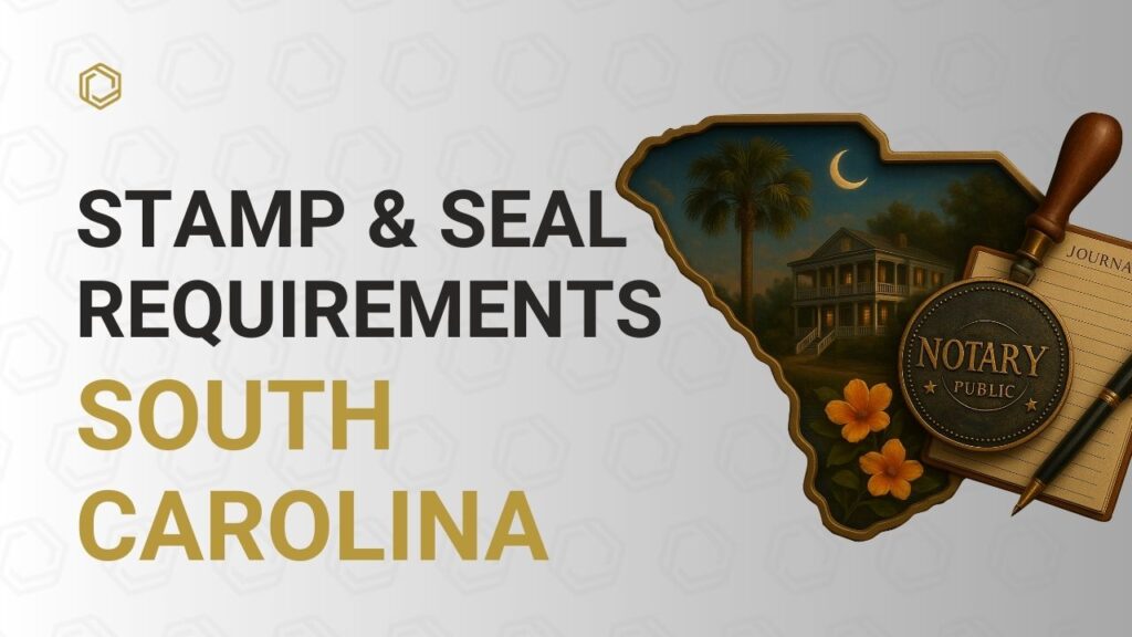 Illustrated South Carolina–themed notary cover image shaped like the state, featuring a palmetto tree, crescent moon, historic southern house, yellow flowers, and a notary seal beside a journal and pen. Bold text reads “Stamp & Seal Requirements – South Carolina” on a light patterned background.