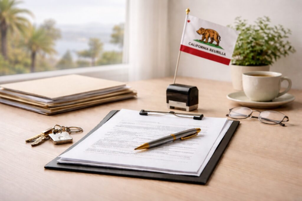 Minimal office desk with loan documents on a clipboard, pen, notary stamp, keys, glasses, coffee, and a California flag.