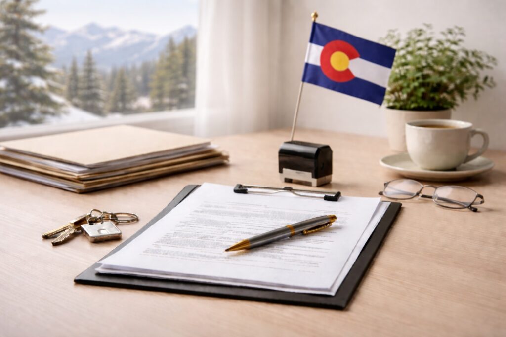 Minimal office desk with loan documents, pen, notary stamp, keys, glasses, coffee, and a small Colorado flag in soft light.