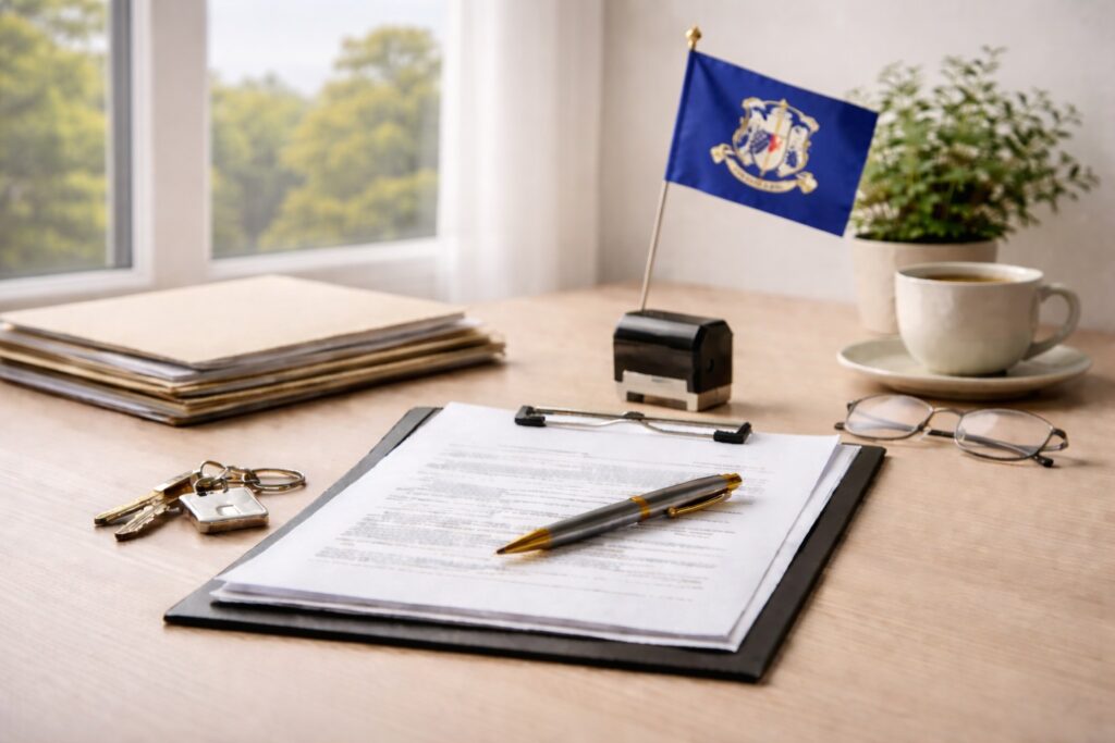 Minimal office desk with loan documents on a clipboard, pen, notary stamp, keys, glasses, coffee, and a Connecticut flag.