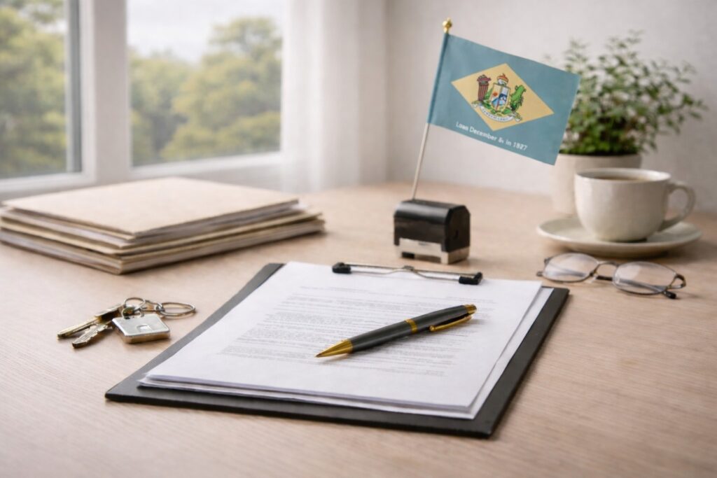 Minimal office desk with loan documents, pen, folders, and a Delaware state flag, representing the loan signing process.