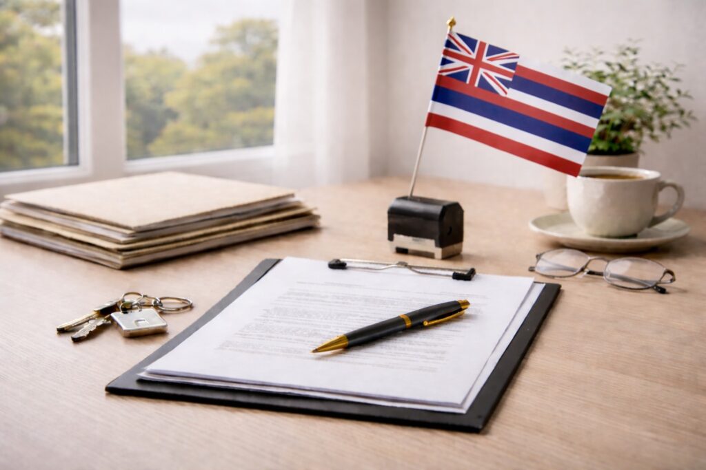 Minimal office desk with loan documents, pen, folders, coffee cup, and Hawaii state flag in soft natural lighting.