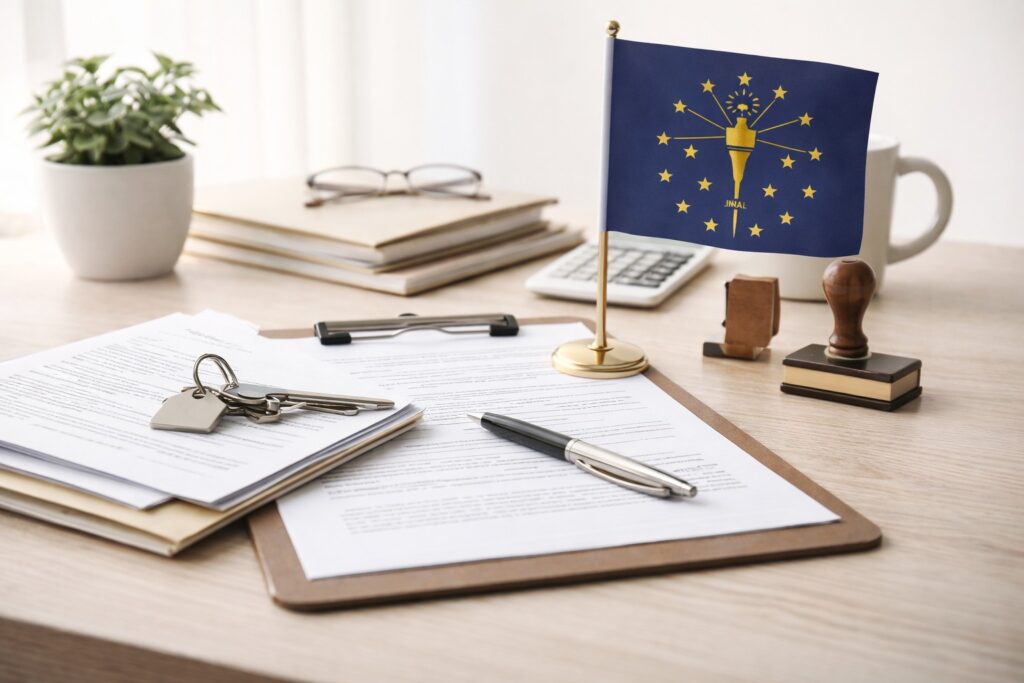 Minimal office desk with loan documents, pen, notary stamp, keys, and a small Indiana state table flag in soft natural light.